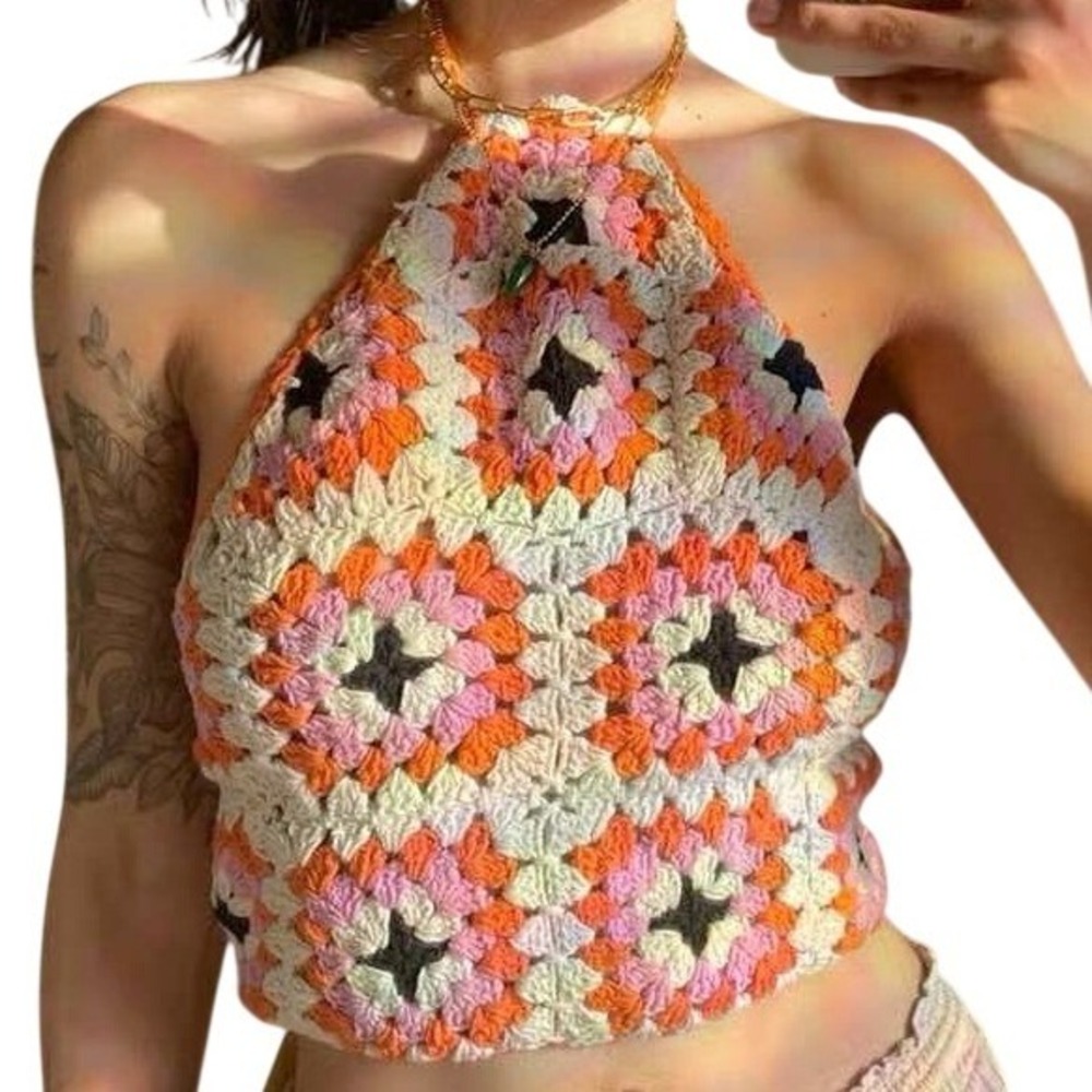 B.O.G. Collective Granny Squares Cotton Knit Halter Top‎ Multicolor Size L
